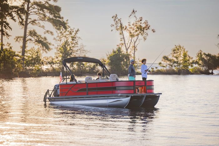 Red Bentley Fish pontoon on the water &mdash; factory-order your colors