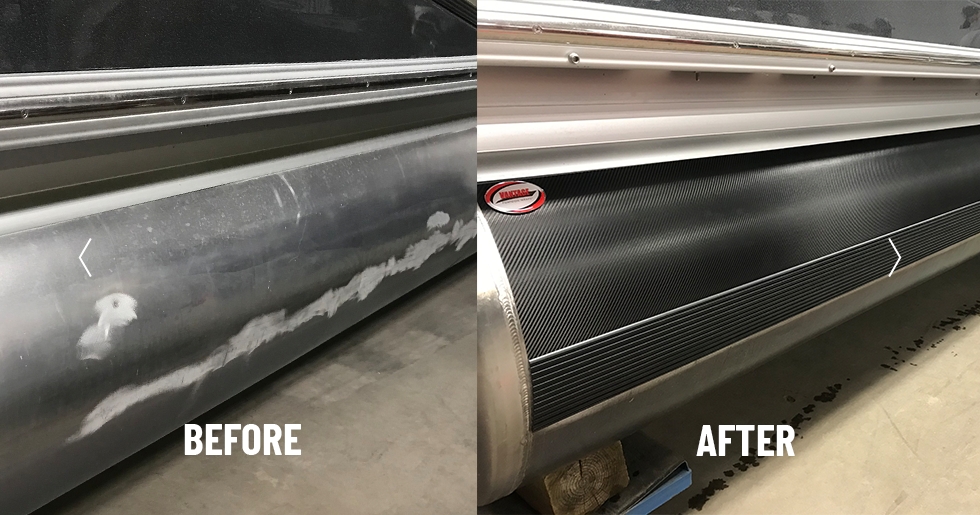 Pontoon before and after Vantage Wrap installation in Lake Havasu
